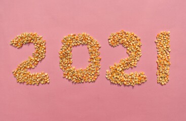 2021 Written with Corn or Maize Seeds, Happy New Year 2021 Conceptual Photo