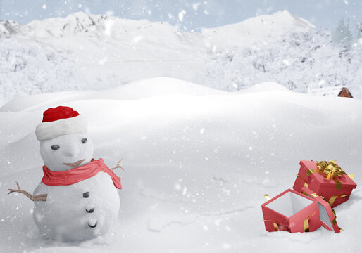 Merry christmas and happy new year greeting card with copy-space. Gift red and Happy snowman standing in winter christmas landscape.Snow background-3d rendering.