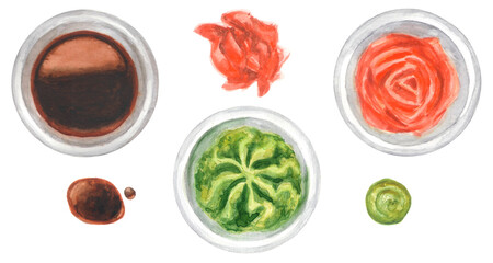 Watercolor sushi sauces set
