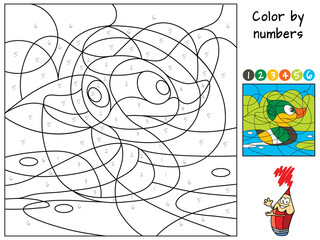 Duck swiming in the pond. Coloring book. Educational puzzle game for children. Cartoon vector illustration