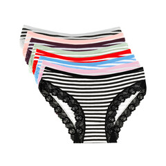 Group of women's multi-colored striped panties, front view isolated on the white background