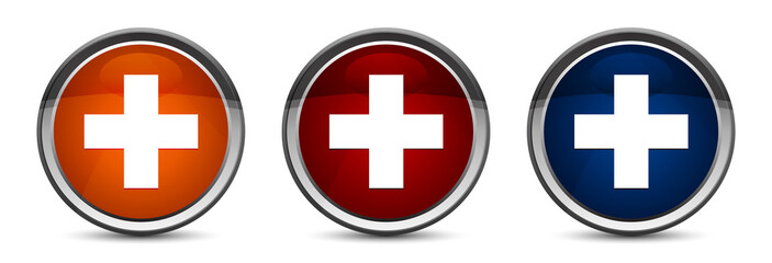 Plus icon exclusive blue red and orange round button design set