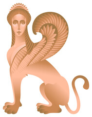 Sphinx. An image of a creature with a woman's head, the body of a lion, and the wings of an eagle. Stylization for the culture of Greece. Vector graphics
