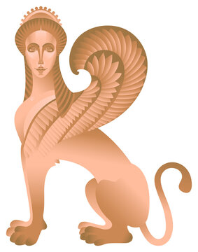 Sphinx. An image of a creature with a woman's head, the body of a lion, and the wings of an eagle. Stylization for the culture of Greece. Vector graphics