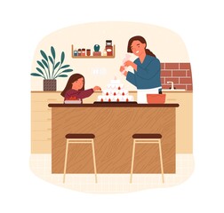 Happy mother and daughter decorate cake with whipped cream and strawberry vector flat illustration. Family cooking delicious dessert together at home kitchen isolated. Parent and kid preparing pastry