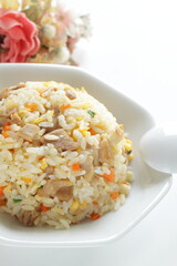homemade chicken fried rice on chinese plate
