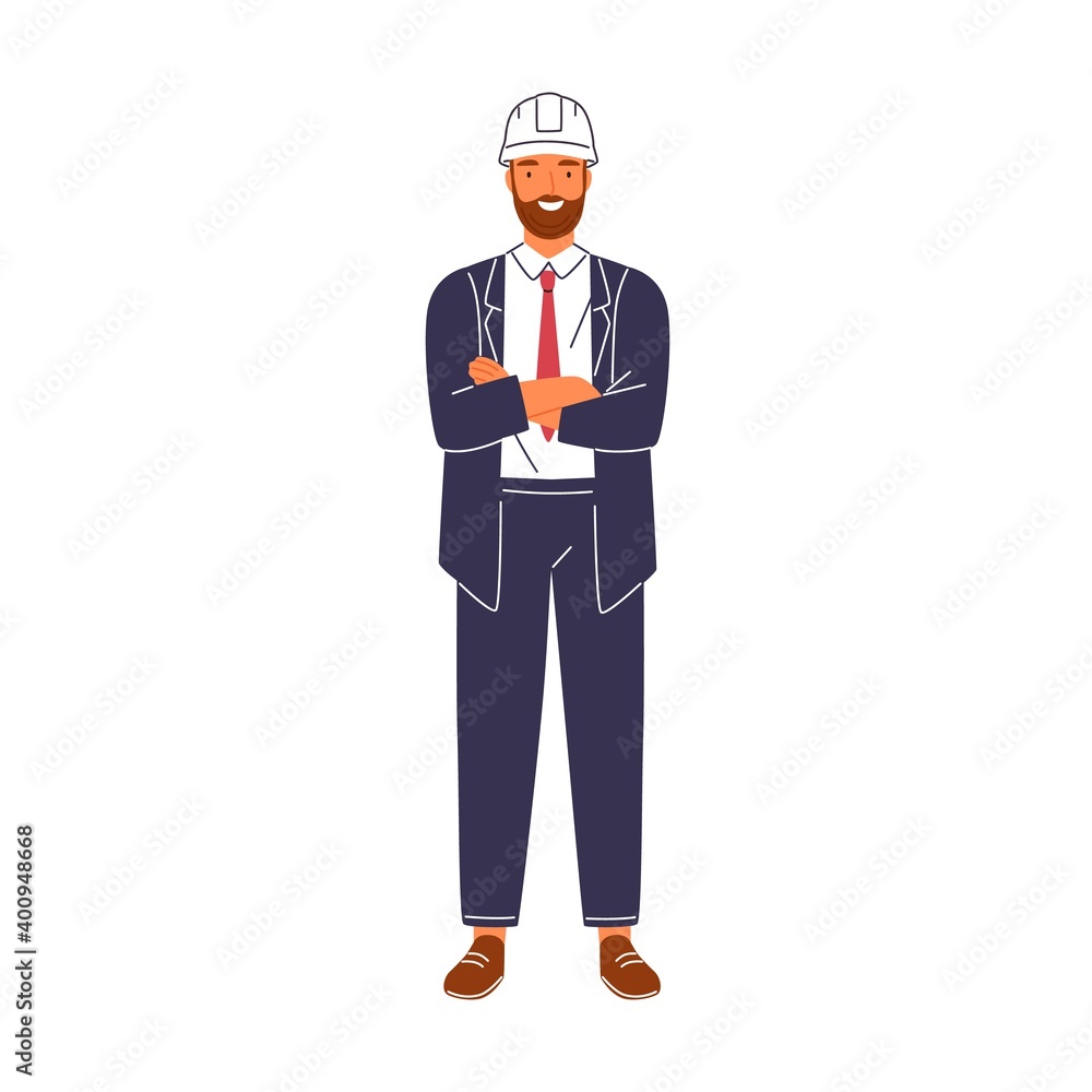 Poster smiling construction foreman in suit and hard hat vector flat illustration. portrait of happy male a