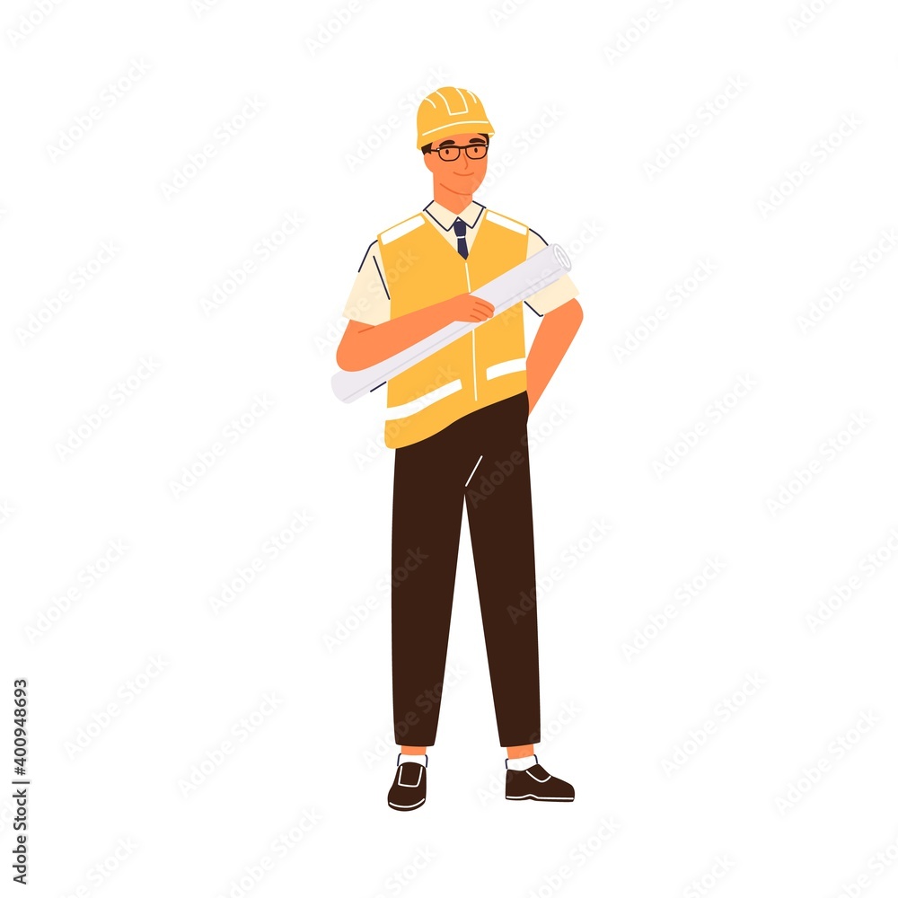 Poster smiling male construction engineer vector flat illustration. happy industrial worker in uniform and 