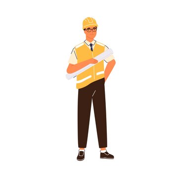 Smiling male construction engineer vector flat illustration. Happy industrial worker in uniform and hard hat holding building plan isolated. Friendly foreman or architect with architectural project