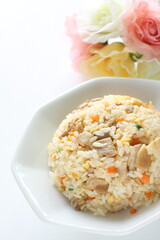 homemade chicken fried rice on chinese plate