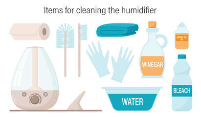 A set of items for cleaning and caring for the steam ultrasonic humidifier, mist diffuser. Vector illustration. Isolated on a white background.