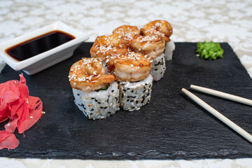 Delicious, juicy and appetizing rolls with tender shrimp