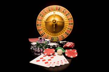 Casino set with Roulette, cards, dice and chips - 400949847