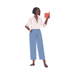 Happy modern young african woman reading book standing isolated on white background. Smiling female reader enjoying literature or preparing for exam. Colorful flat vector illustration