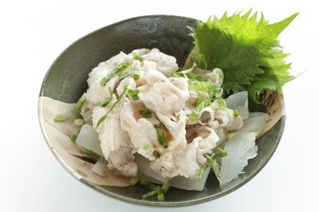 Japanese summer salad, pork and dressing on dish
