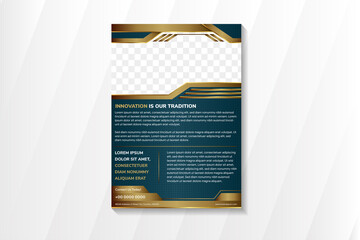 abstract geometric flyer template design with innovation is our tradition as the headline. dot pattern. gold element in blue gradient background. vertical layout with space for photo.