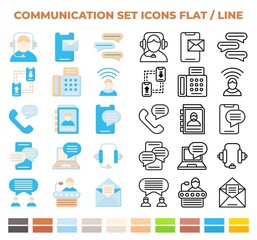 Communication set icons flat and line