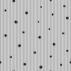 Seamless abstract pattern with little sharp black stars and lines on white background.