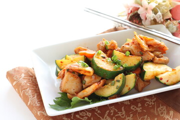Korean food, cucumber and chicken stir fried with kimchi
