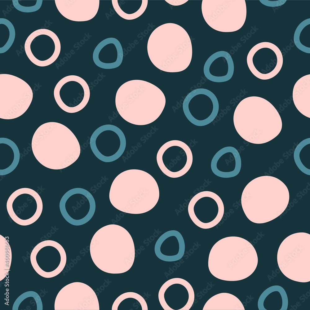 Poster  Vector seamless pattern with doodle circles on dark blue background. Modern abstract design in flat style for textile, wallpaper, clothes, web, wrapping paper, interior