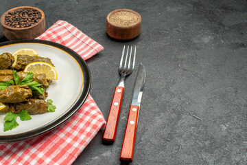 bottom view stuffed grape leaves on white plate bowl of black pepper knife and fork napkin on dark background with copy space