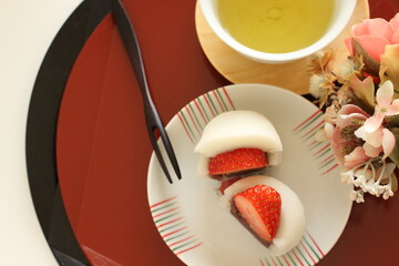 Japanese confectionery, strawberry and red bean paste Daifuku Mochi