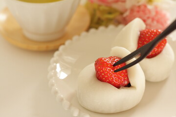 Japanese confectionery, strawberry and red bean paste Daifuku Mochi