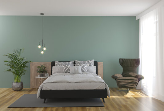 3d rendering of new loft bedroom interior design with green wall