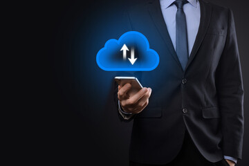 Businessman hold cloud icon.Cloud computing concept - connect smart phone to cloud. computing network information technologist with smart phone.Big data Concept.