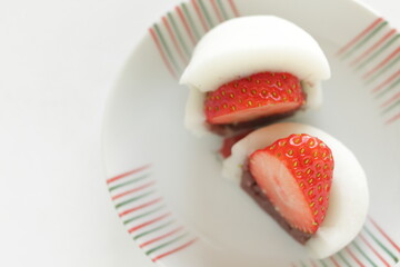 Japanese confectionery, strawberry and red bean paste Daifuku Mochi