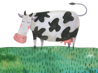 Cute funny cow on a green summer grass lawn. Ideal for farmlife, villages, contact zoo, milk products.Watercolor hand drawn sketch.