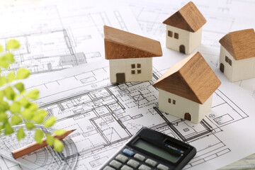木でできた家の模型とマイホームの設計図のイメージ