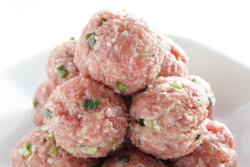 Homemade Chinese pork and beef mixed meatball on dish for prepared food ingredient