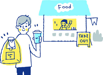 テイクアウトで飲食物を購入する男性