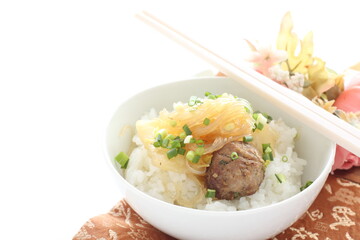 Chinese food, meat ball and glass noodles simmered with Chinese cabbage on rice
