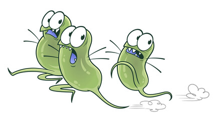 Bacteria running away.  Escaping scared cartoon three bacteria. Cartoon bacteria series. 