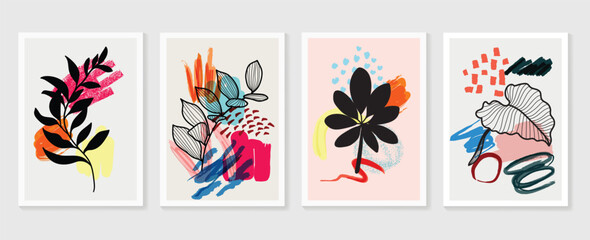 Botanical wall art vector set. Earth tone boho foliage line art drawing with  abstract shape.  Abstract Plant Art design for wall framed prints, canvas prints, poster, home decor, cover, wallpaper. © TWINS DESIGN STUDIO