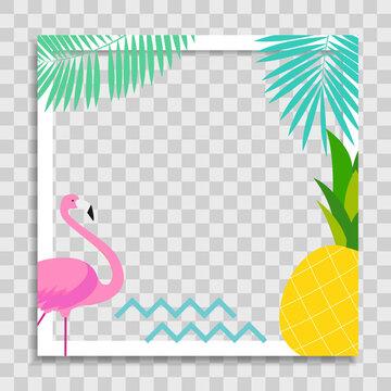 Empty Photo Frame Template with Palm Leaves, Pink Flamingo and Pineapple for Media Post  in Social Network. Vector Illustration EPS10