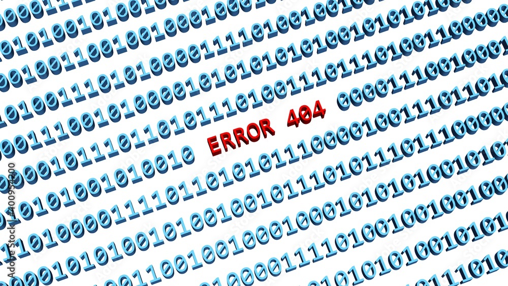 Poster error 404 - red lettering integrated into a binary code screen colored in blue on white background -