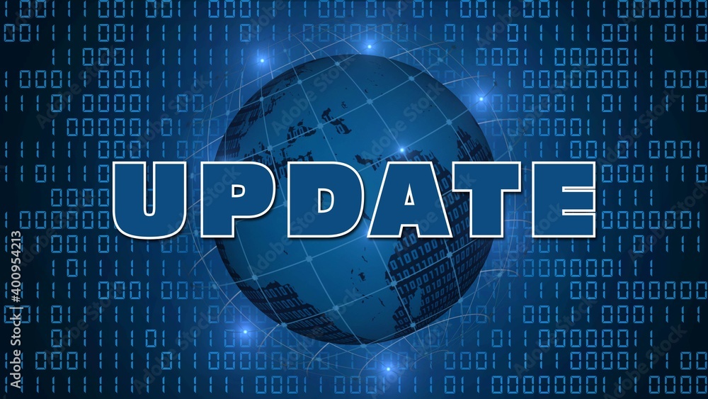 Poster update - blue lettering in front of earth globe with satellite grid on binary code background - 3d i