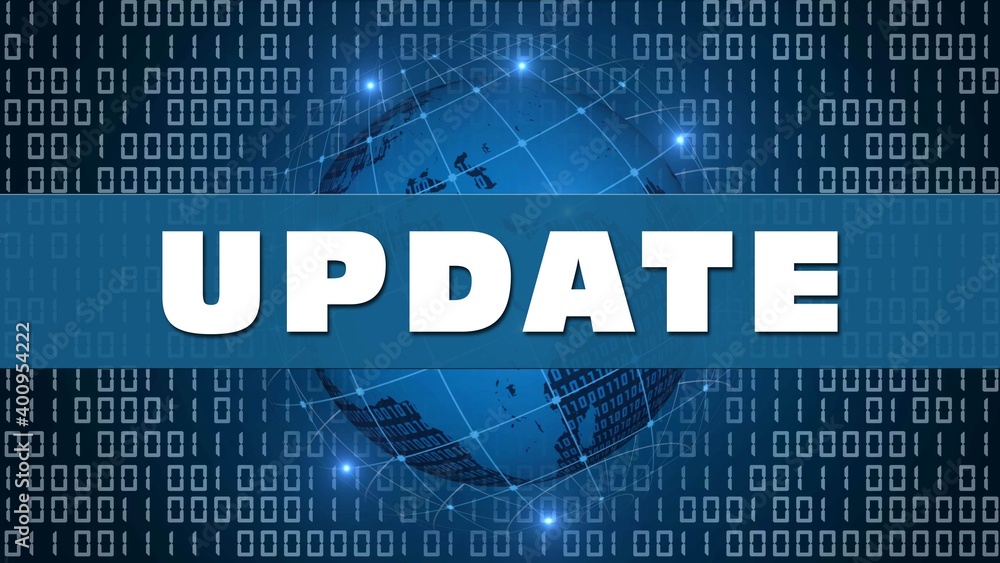 Poster update - white lettering in front of earth globe with satellite grid on binary code background - 3d 