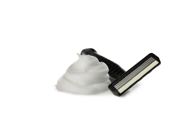 Shaving foam and razor isolated on white background