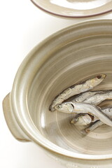 Japanese food ingredient, dried sardine in hot pot for broth cooking