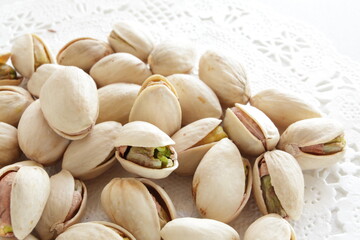 Pistachio on dish for snack food with copy space