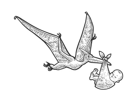pterodactyl carries newborn baby sketch engraving vector illustration. T-shirt apparel print design. Scratch board imitation. Black and white hand drawn image.