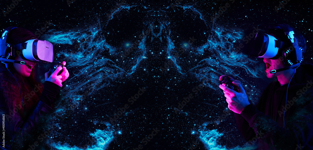 Wall mural gamers with virtual reality headsets and gamepads. elements of this image furnished by nasa.