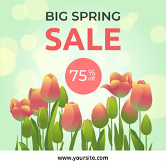Spring tulip flowers banner with bokeh effect