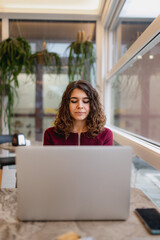 Fototapeta premium Vertical close-up portrait of young woman in a cafe sitting in a table using computer laptop with serious face absorbed in her work.