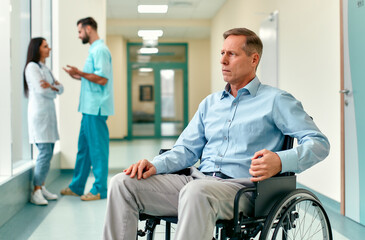 A sad, upset elderly disabled person in a wheelchair sits in the middle of a clinic corridor waiting for his family, with doctors behind him.