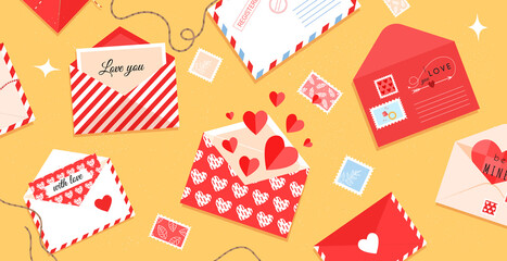 Romantic envelopes and cards on the table for valentine's day. Postcards and stamps with hearts. Letters for lovers in a flat style. Vector stock illustration